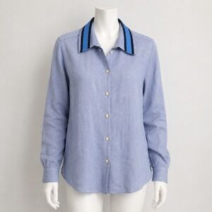 Jupe by Jackie Striped Linen Button Down Shirt Blue White Embroidered Collar M